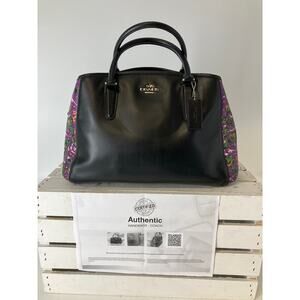 COACH F57630 BLACK SMOOTH LEATHER PURPLE FLORAL HANDBAG